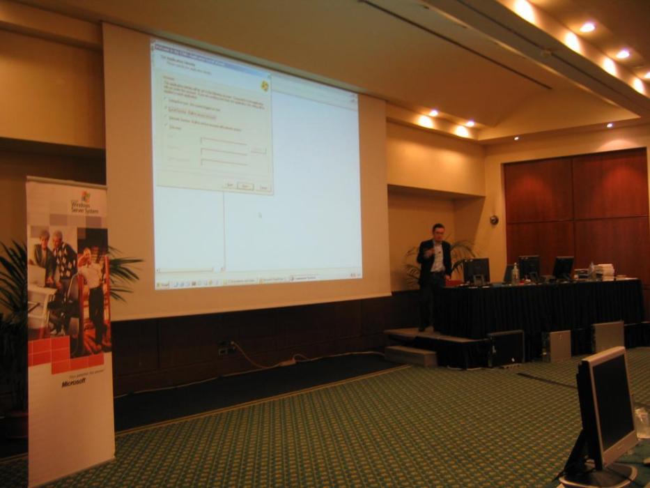 Me at the Microsoft/HP/Intel organized Route64 event in Milan in May 2005, explaining how COM PLUS behaves on 64-bit Microsoft operating systems. I was there with the friends of Code Architects.
